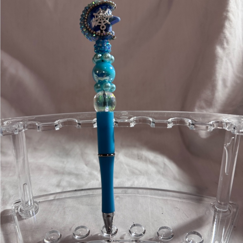 Blue Beaded Pen with Moon Charm